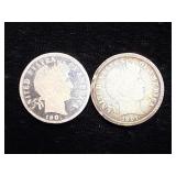 1901 & 1907 silver barber dimes