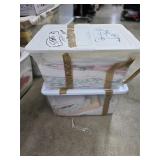 Box and 2 totes of linens and others