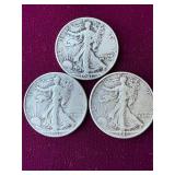 3 walking liberty silver half dollars