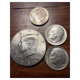 Silver dime, 94 half, 2-1967 dimes