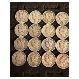 16 silver mercury dimes