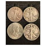 4 silver half dollars standing liberty & Franklin