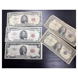 2- $5 red seal 1-$2 red seal 2 silver cert.