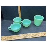 3 Fire King cups and a planter jade-ite
