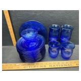 Blue glass plates and glasses