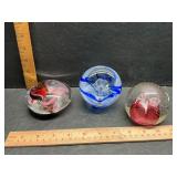 3 art glass paper weights
