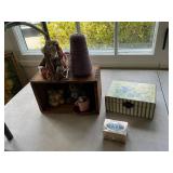 Vintage wood box with miscellaneous items
