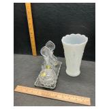 Bathroom set and milk glass vase