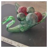 Green Art Glass Swan Bowl w Glass Balls