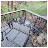 Glider, 2 chairs, storage box and cushions