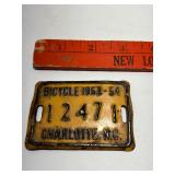 1953-54 Charlotte NC BICYCLE TAG