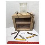 Vintage barber cabinet and accessories