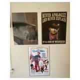 2 metal signs and poster John Wayne