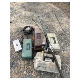 A lot of fishing tackle boxes with rod  Casnett