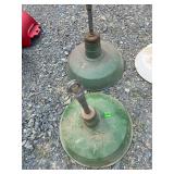 Two green porcelain service station light shades