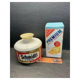 Vintage shade and cracker tin