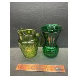 Green glass pitcher and vase