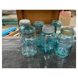 6 vintage blue jars