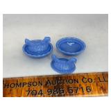 2 blue mini glass hens in nest