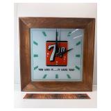 Vintage 7 up glass faced clock with oak frame