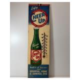1940s Cheer Up soda thermometer sign is masonite