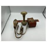 Brass coat hooks and vase and match box