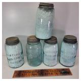 5 Blue Jars w Lids. ATLAS, Swayzees, Boyds