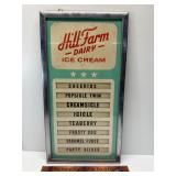 Hill Farm Dairy ice cream menu board under glass