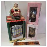 Coke Building, 2 Barbie Ornaments, Santa