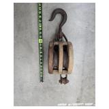 Antique double-sheave wooden pulley block & tackle