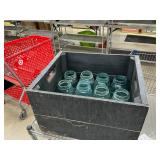 Wooden crate with 10 vintage blue jars