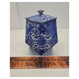 Hexagonal lidded jar, lid has been repaired