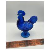Blue glass rooster dish