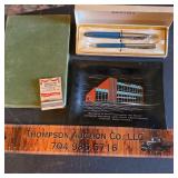 Concord ad tray, matchbook, vintage pens