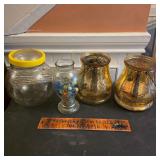 Jar of marbles, sun tea jar & 2 Candle Holders