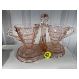 Pink Depression Glass Cream & Sugar  w/ holder