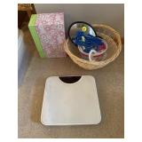 Bathroom Scale, Mirror, Plastic Clothespins, Misc.