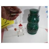 Snowman Glass Ornament and Green Plastic Candy
