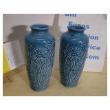 Art Pottery Vase Set of 2, Blue Glazed