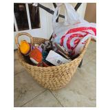 Wicker Basket With Christmas Decorations and Plush