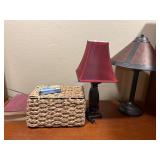 Contents of Shelves: Books, Lamps, and Basket