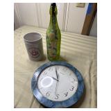 Decorated wine bottle, clock and more