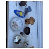 Vintage pained plate, glasses condiment dish and