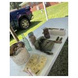 Vintage beads, rotary phone, tiki candle holder