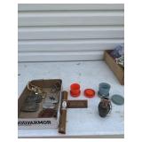 Vintage belt buckles, collapsible cups, Grenade