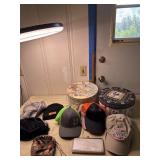2 hats boxes, 1 vintage hat, several caps 2