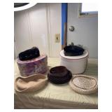 2 hats boxes and 5 vintage hats