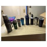 Thermos, 5 travel cups & 2 water bottles