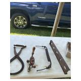 Vintage ice tongs, hand drill, draw knife and