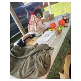 Military duffel bag, vintage Halloween masks,